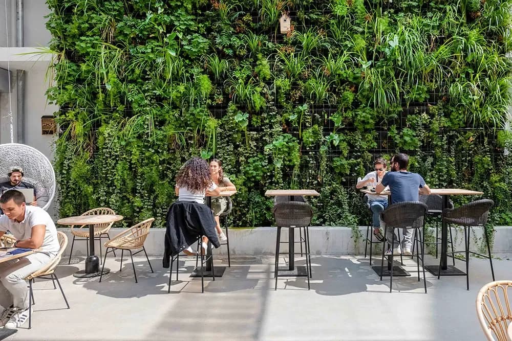 Espace café avec tables hautes devant un impressionnant mur végétal vertical où coworkers discutent dans une ambiance naturelle et apaisante.