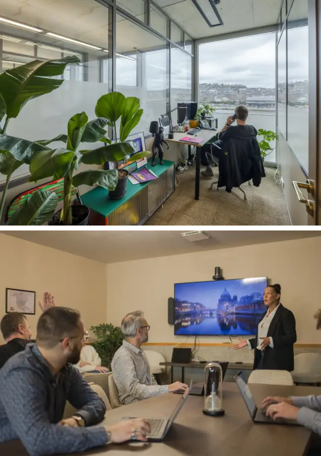 Bureau privatif avec vue panoramique et coworkers en réunion chez Now coworking Rouen.