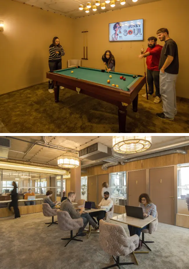 Salle de détente avec billard et coworkers chez Now coworking Rouen.