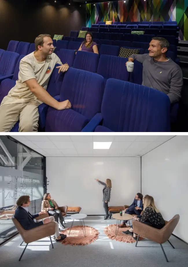 Présentation d'équipe dans une salle moderne avec tableau blanc chez Now coworking Lyon.