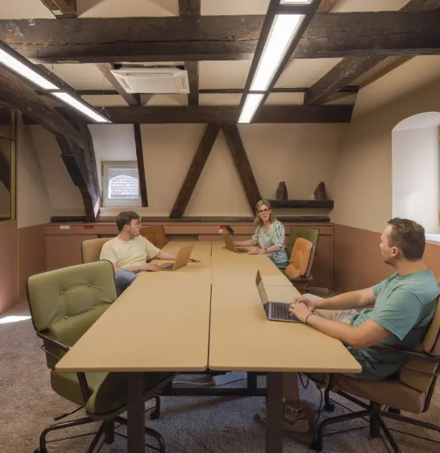 Coworkers travaillant dans un bureau lumineux et aménagé à Now coworking Strasbourg.