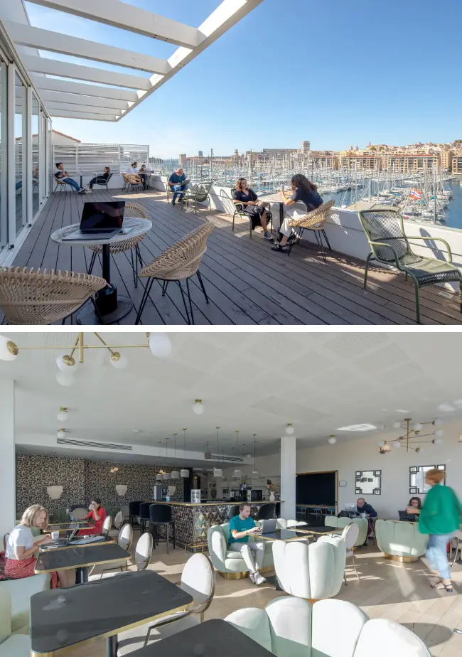 Vue du rooftop convivial de Now coworking Marseille, idéal pour des échanges entre coworkers.