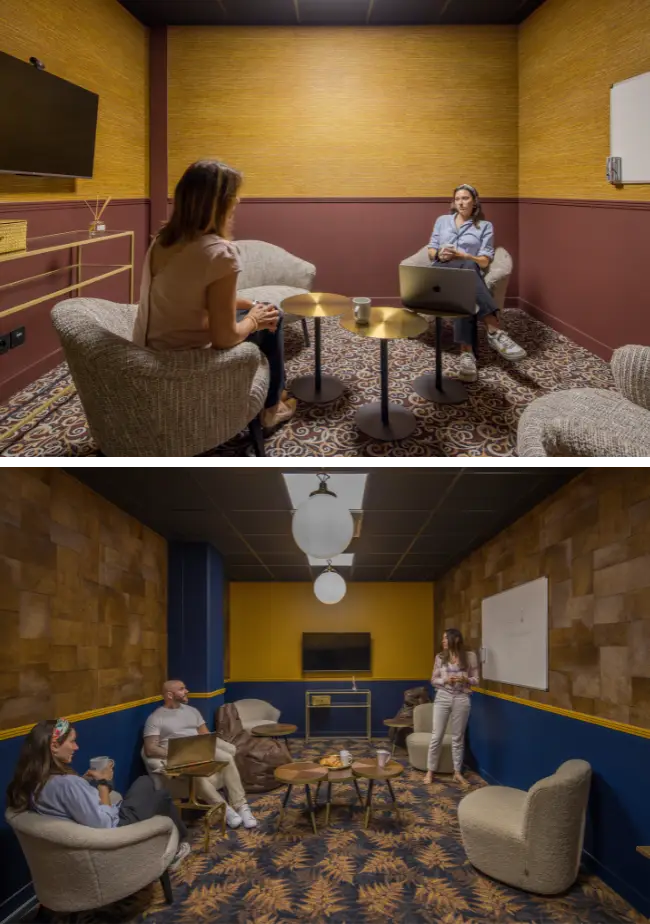 Coworkers en réunion dans une salle de brainstorming à la décoration chaleureuse