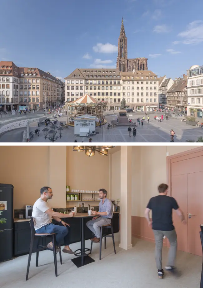 Vue sur la place Gutenberg depuis les espaces de Now coworking Strasbourg.