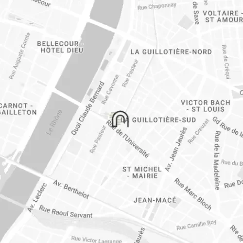 Plan indiquant l'emplacement du centre Now coworking Lyon dans le quartier de la Guillotière-Sud.